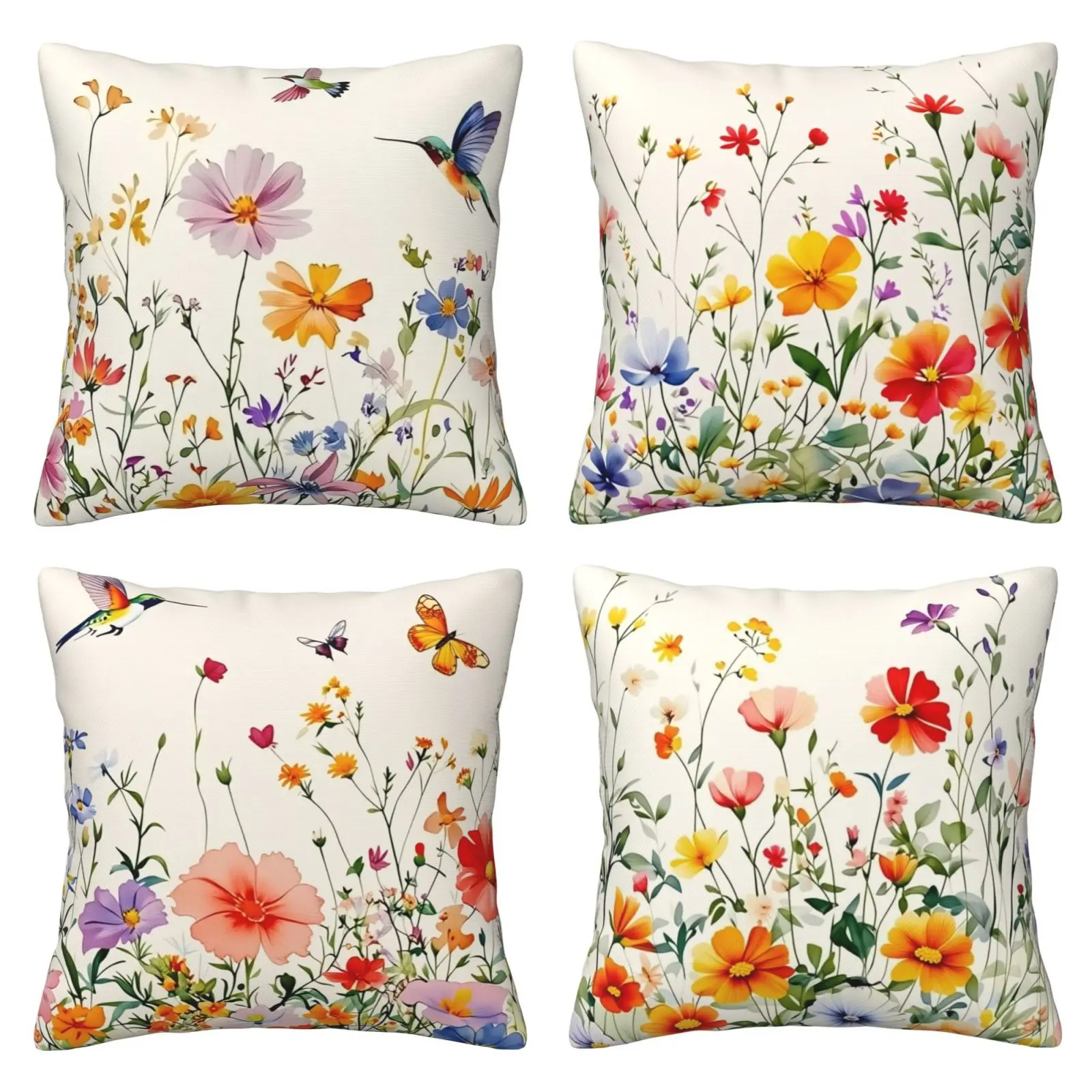 Spring floral pattern pillow cover, colorful floral decoration cushion cover, suitable for sofas and living rooms, 4-piece set with double-sided printing for spring home decoration