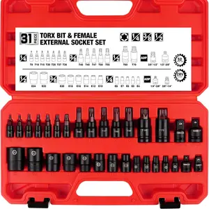 31-Piece Torx Bit Socket and Female External Socket Set | 14 Star Bits (T8- T70) and 12 Female E-Torx Sockets (E4-E24) | 4 Impact Socket Adapter Set