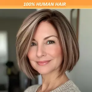 Women's 13x4 Lace Front Bob Wig | 150% Density & Brown/Blonde Highlights. Pre-Plucked Hairline, Natural Ombre Tones. #LaceFrontWig #BobWig