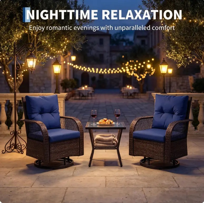 Patio Bistro Set 3 Piece, Outdoor Rattan Swivel Rocker Chairs with Cushions and Coffee Table, Woven Wicker Conversation Furniture Set for Garden, Deck, Backyard