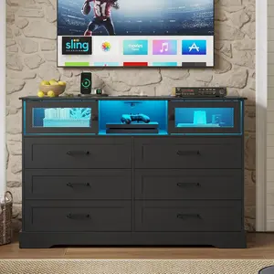 Sikaic Farmhouse 6 Drawers Dresser with LED Lights and Charging Station Bedroom Furniture Chest of Drawers for Living Room Closet Hallway Organization Home Cabinet Modern Design Aesthetic Interior Storage