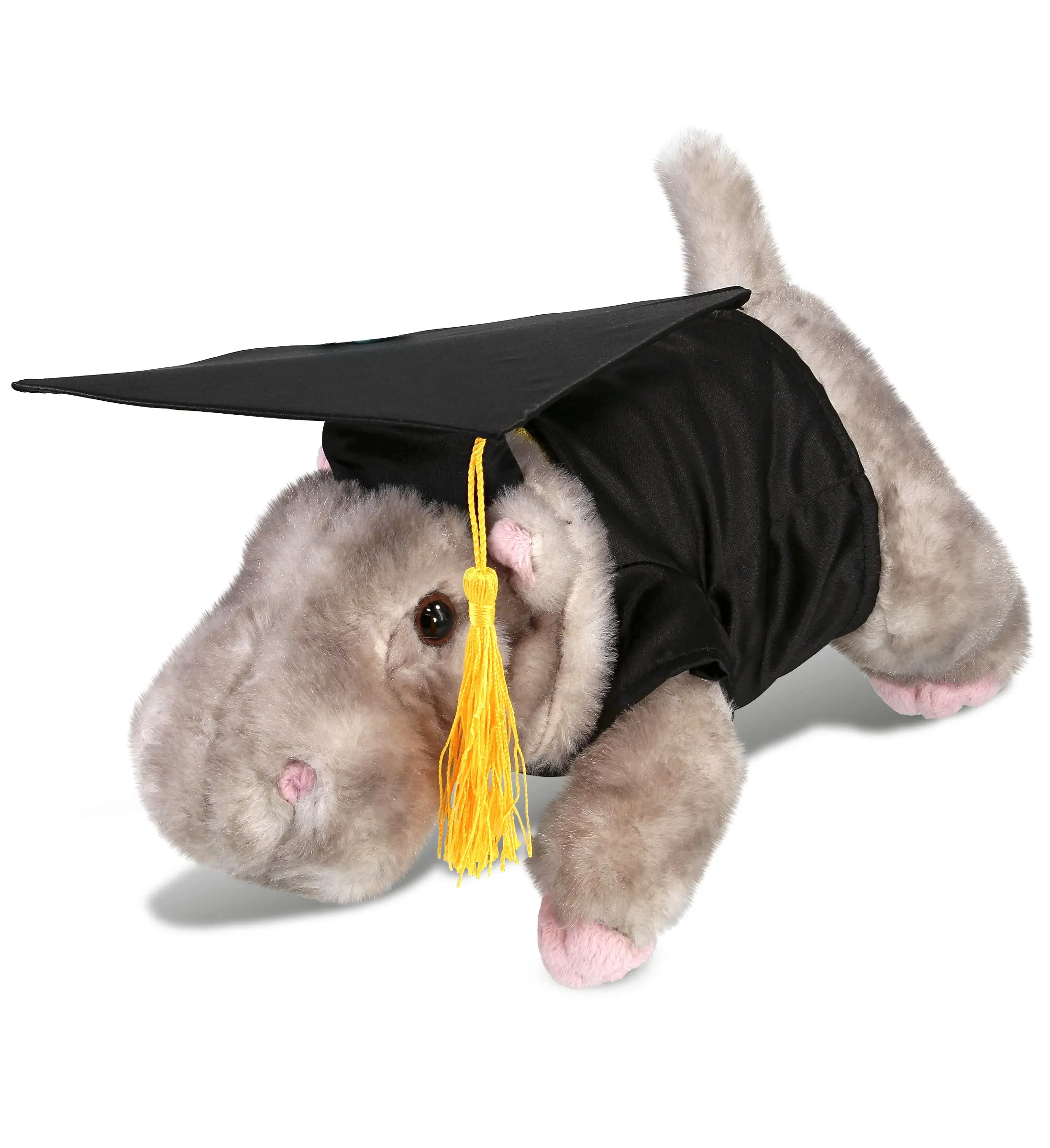DOLLIBU 11in Super Soft Fluffy Polyester Stuffed Wild Hippo Toy - Realistic Design, Removable Graduation Cap, 11.5l x 5.75w x 4.5h in, Cute Decorative Souvenir, Ideal Dress Accessory