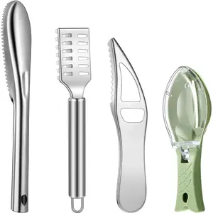 4 count Fish Scaler Remover Stainless Steel Fish  Scraper Grater Multi-functional Kitchen Peeler Scaler with Bottle Opener for Seafood Cleaning
