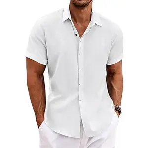 Linen Shirts for Men Short Sleeve Button Down Shirts Summer Beach Casual Linen Button Up Shirt Vacation Wedding