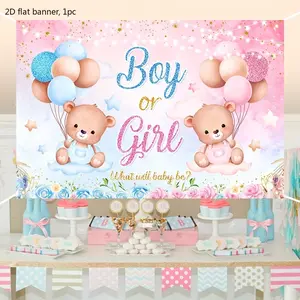 One set of decoration items, suitable for a gender reveal party, including blue or pink bear-shaped balloon backgrounds and materials for making the gender reveal banner.