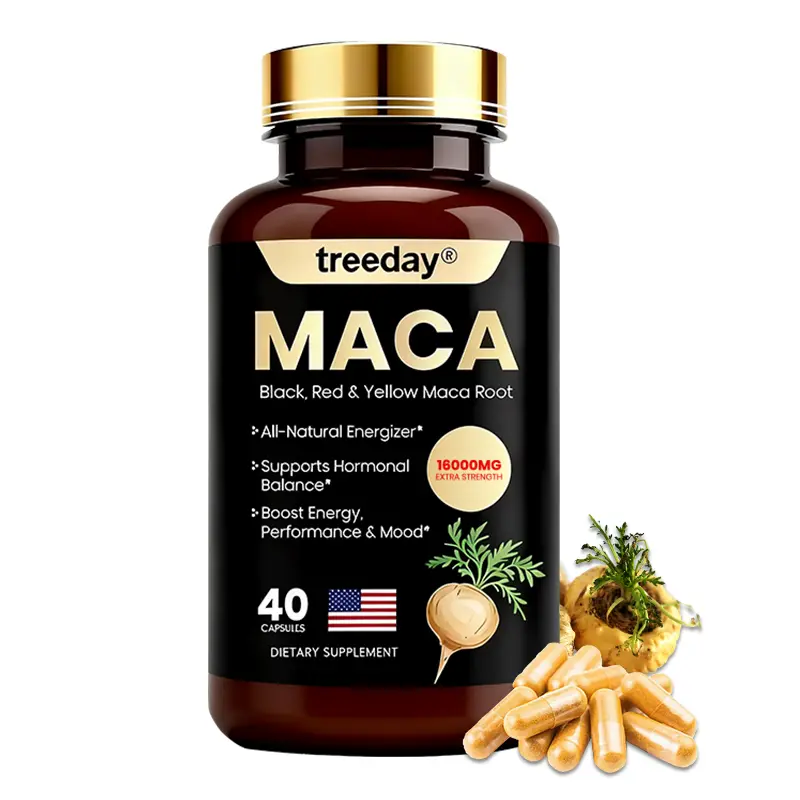 Treeday 3-in-1 Maca Root Dietary Capsules - 40 Count, 16000mg per 4-Serving High-Potency Boosting Focus & Hormonal Balance Supplement (4 Capsules Twice Daily for 5 Full Days)