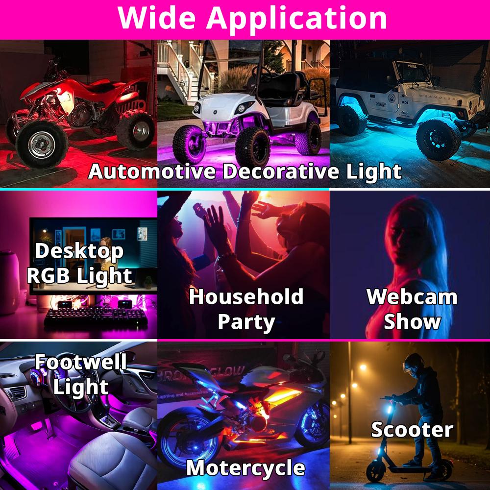 RGB Underglow Light Kit for Car Truck SUV, 10 Mode Wireless LED Atmosphere Lights, Interior Exterior Ambient Lighting Accessories DIY Waterproof Decorative Work Light, Rock Light Style Accent Kit Enhances Vehicle Aesthetic, USB rechargeable Remote Control