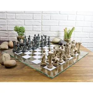 Ebros Olympus War Greek Olympian Gods Demigods Resin Chess Pieces With Glass Board Set