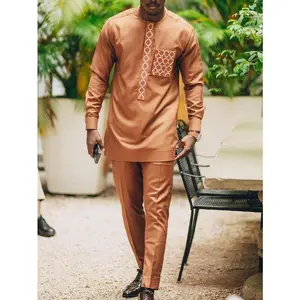 2 pcs/set Men's Dashiki Outfit, Embroidered Pocket, Long Sleeve, Slit Hem, Elastic Waist Pants, African Menswear, New For All Seasons, Party, Date, Wedding