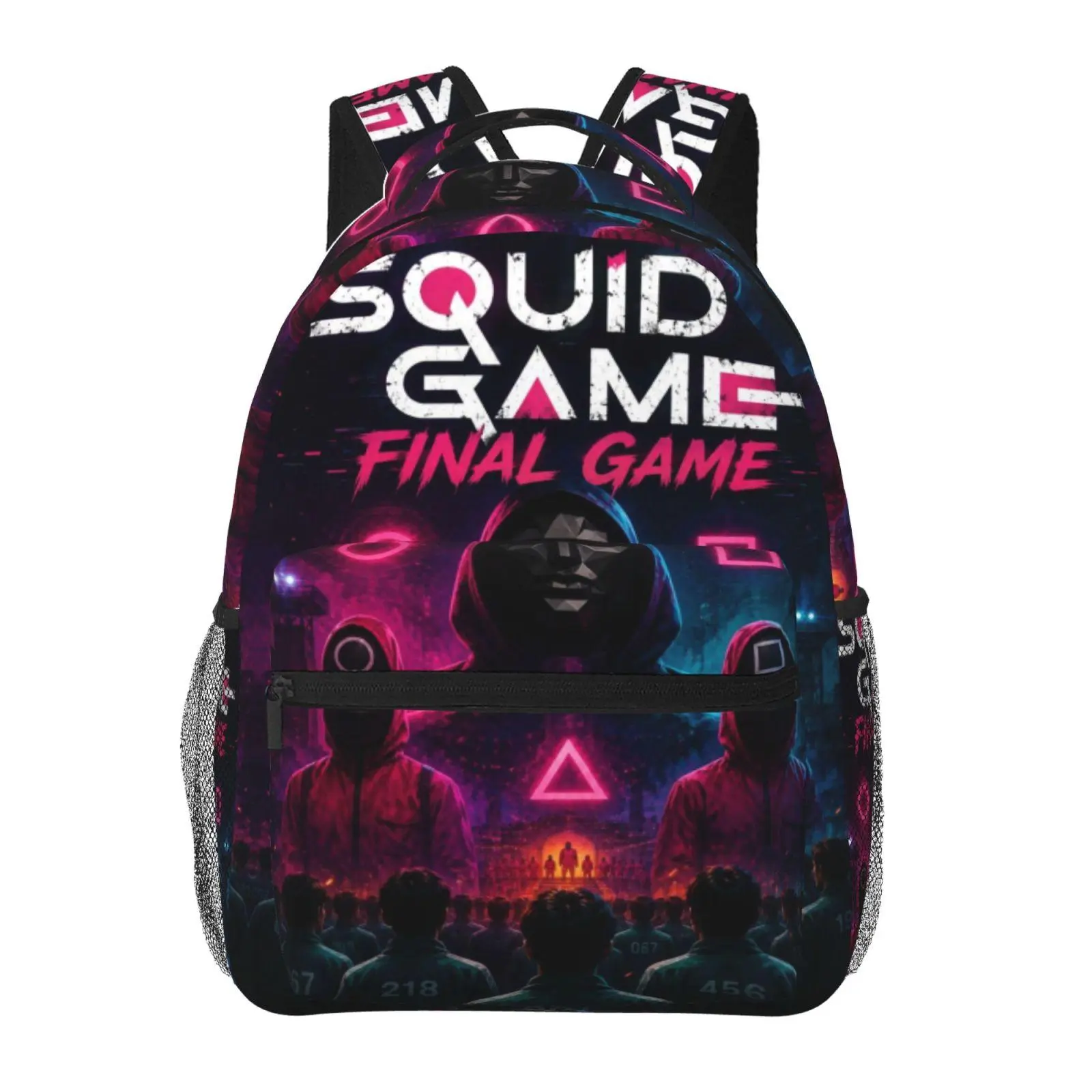 Cute kids’ squid game backpacks for school, large capacity, all-over print squid game laptop daypack for daily campus use, durable lightweight squid game school bag for teens and students