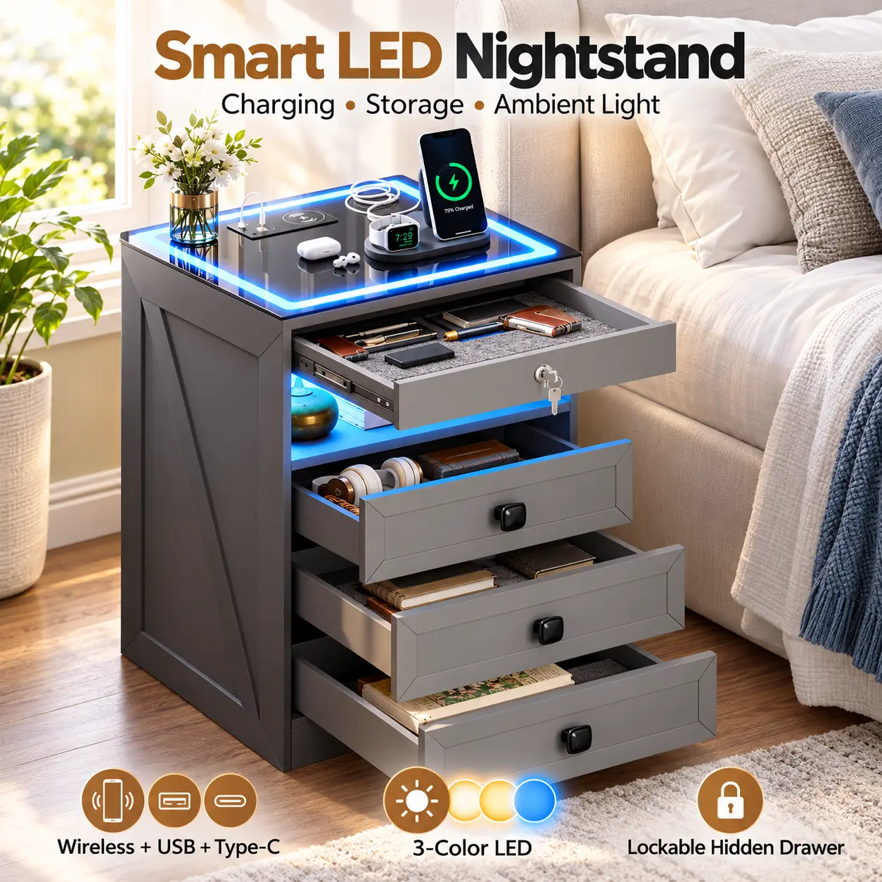 Smart Nightstand with Charging Station, Wireless Charger, USB & Type-C Ports, 3-Color LED Lights, Lockable Hidden Drawer, 3-Drawer Bedside Table for Bedroom, Grey