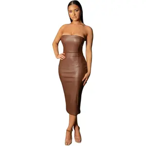 XLLAIS Women Sexy Strapless Tube Top Club Midi Dress off Shoulder Bodycon Party Faux Leather Dress XLLAIS