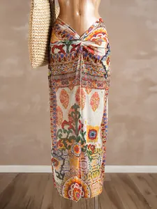 Women's Boho Floral Print One-Piece High Waisted Swimsuit, Casual Elegant Beachwear, Summer Vacation Swimwear, Sexy Knitted Fabric Bathing Suit, Tropical Print Swimsuit