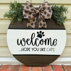 Wooden Welcome Round Door Sign for Cat Lovers, Easy-to-Hang Home Decor, Ideal Housewarming Gift, Charming Home Supplies Addition, Wood