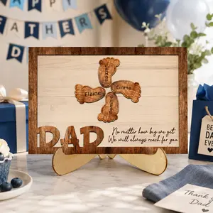 Personalized Double Layer Wooden Dad Plaque Custom Up To 6 Kids Names Footprint Family Desk Sign Fathers Day 2026 Gift For Dad Gift For Father Gift For Husband Gift From Kids Room Decor Home Decor Family Keepsake