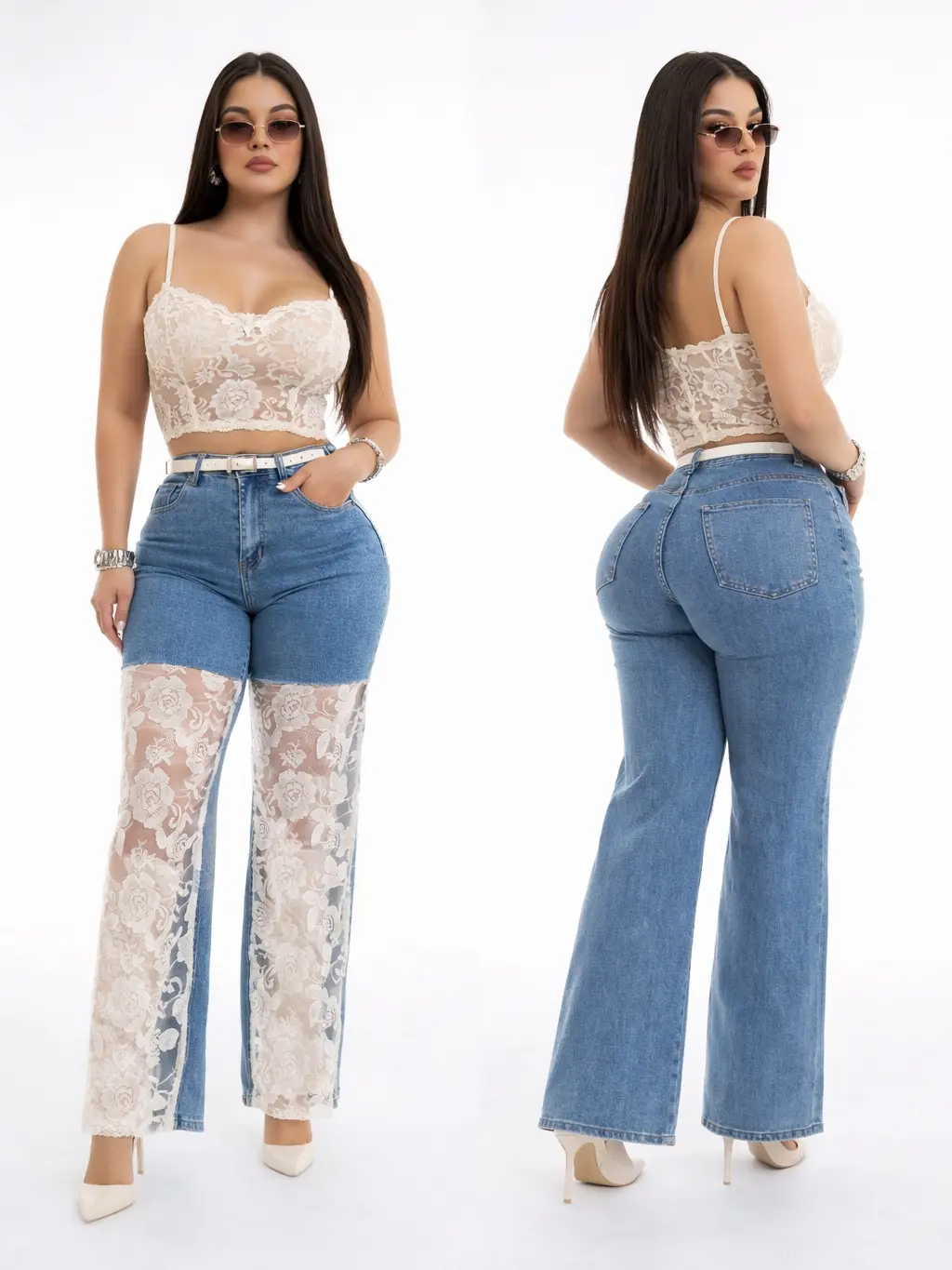Flower Mesh Jean - Womenswear Bottom with Lace Detail and Flared Leg Design