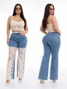 Flower Mesh Jean - Womenswear Bottom with Lace Detail and Flared Leg Design