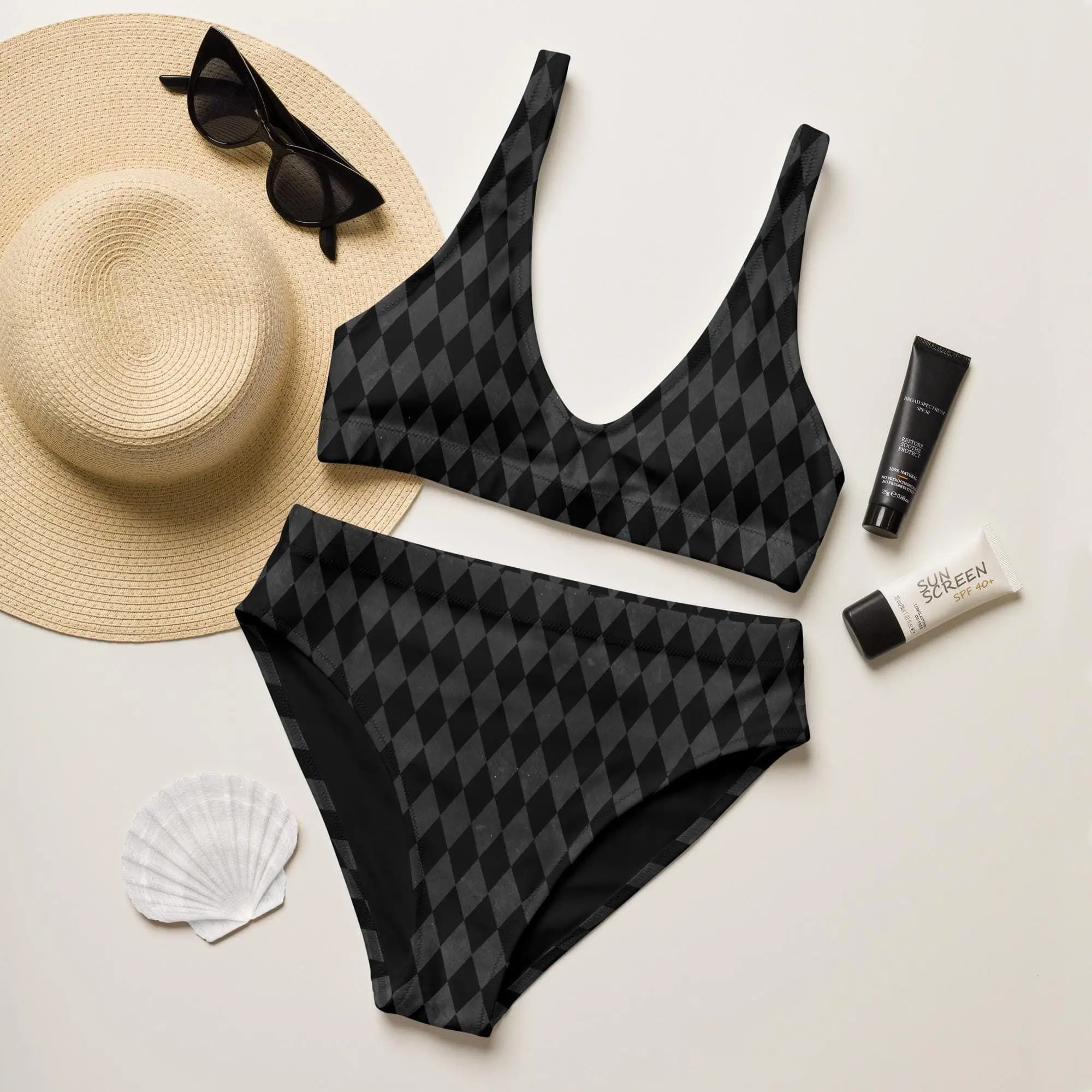 Black Checkered Retro Gothic Bikini Set, Eco-Friendly Recycled High-Waisted Bikini, UPF 50+, Sun Protection, SPF, Goth Style, Dark Academia