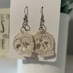 Off-white Crochet skull earrings, hook, nickel free, light weight Casual Retro Fabric