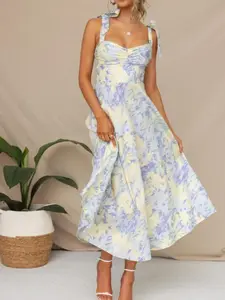 New Slimming V Neck Strap Floral Print Long Dress, Casual Summer Woven Fabric, Moderate Thickening, Slim-Fit Womenswear