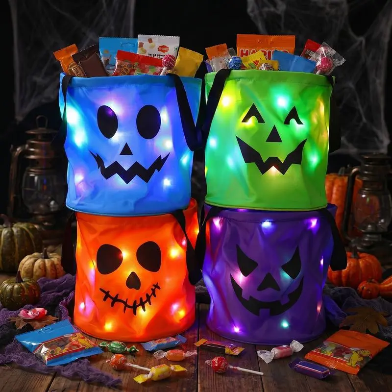 3/4PCS Halloween LED Candy Bags, Light Up Pumpkin Trick or Treat Bags, Reusable Non-Woven Halloween Candy Buckets for Kids & Adults, Glowing Tote Bags for Party, Home, Garden & Halloween Decorations