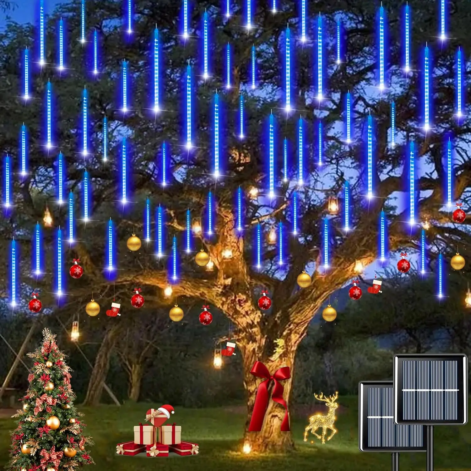 LED Solar Dynamic Meteor Shower Lights, Outdoor Decorative Lights, Waterproof Multicolor Icicle Christmas Decorations, Indoor Outdoor Use for Trees, Yard, Garden, Party, Party Lighting Decoration