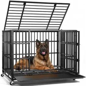 42” Heavy Duty Indestructible Dog Crate, High Anxiety Dog Crate, Escape Proof Dog Cage Kennel with 4 Lockable Wheels, Double Sturdy Locks, Double Door and Removable Tray Design, for Large Dogs