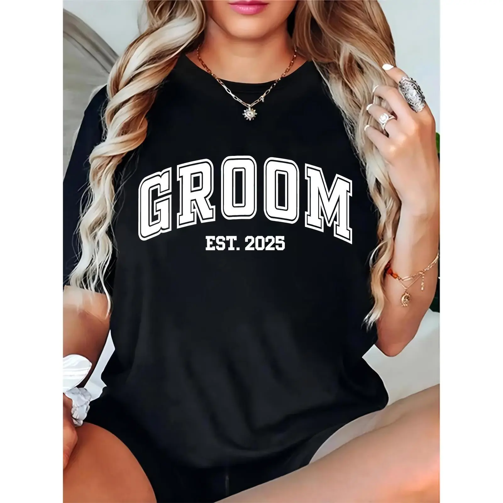 Men's GROOM EST 2025 Varsity-Style Letter Print T-Shirt, Wedding Engagement Party Casual Tee for Newlywed Groom