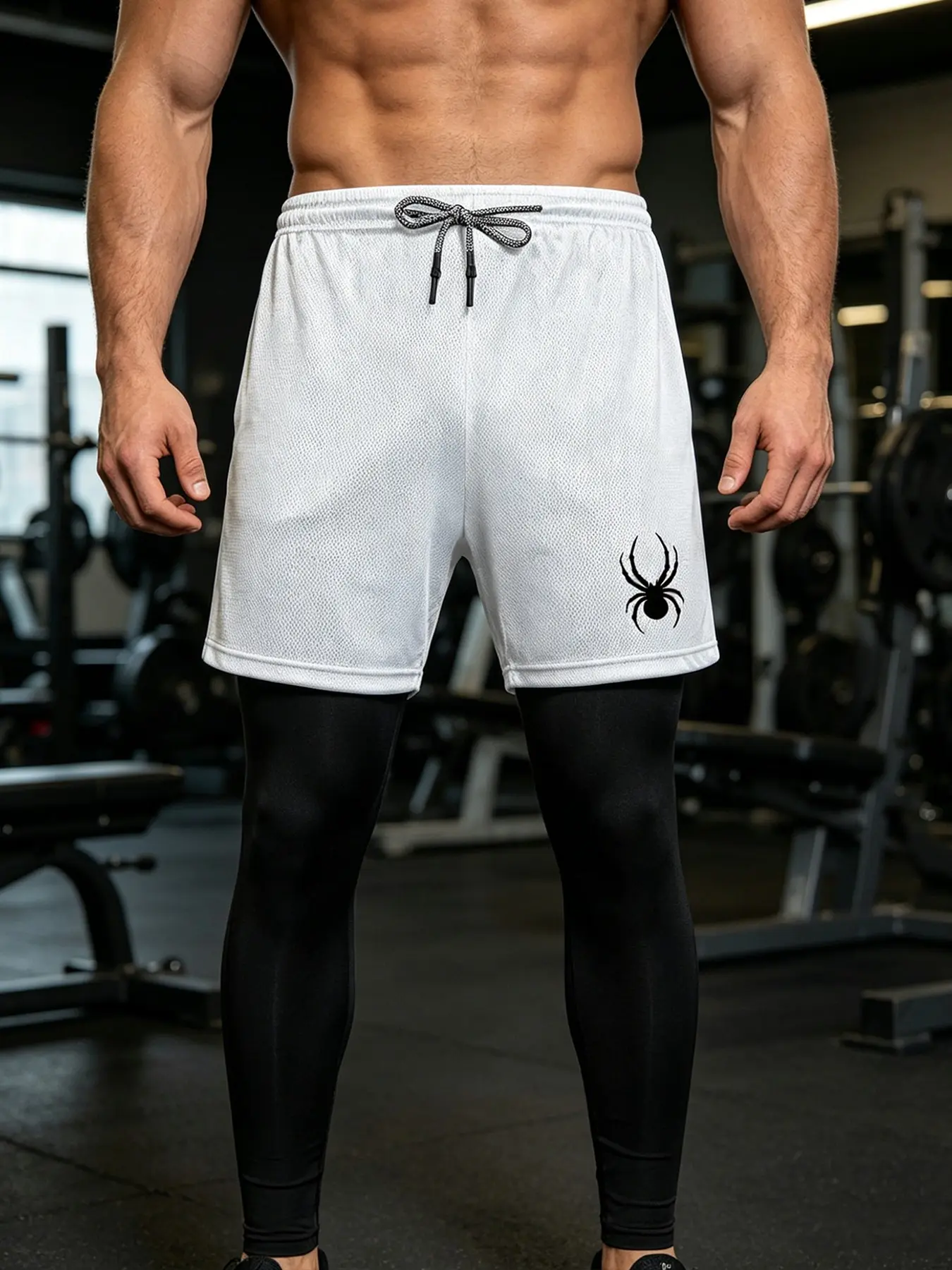Men's 2 in 1 Running Pants with Spider Print Double Layer Sport Leggings Quick Dry Athletic Workout Trousers for Gym Training Joggers with Pockets