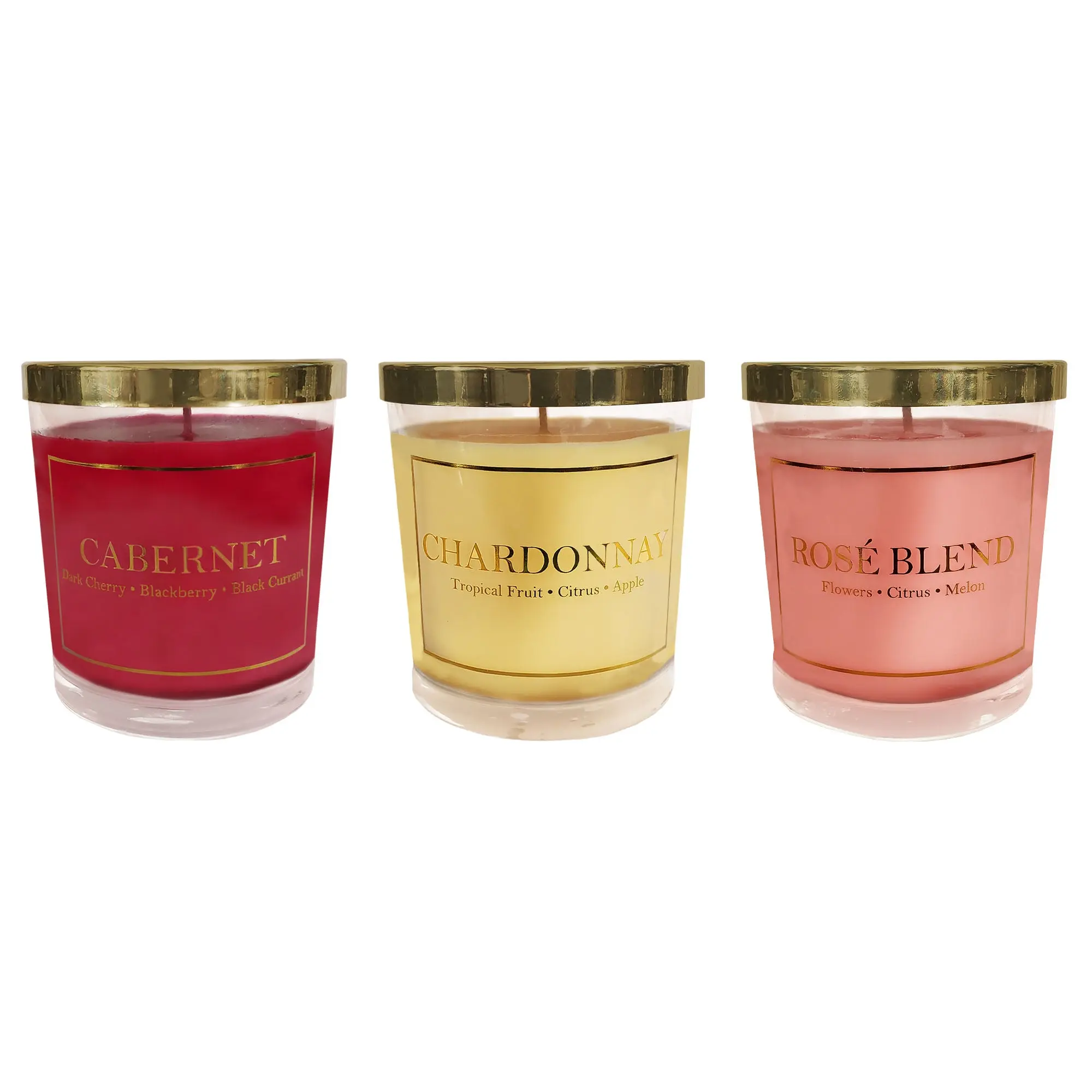 LumaBase Scented Wine Collection Decorative Household Candles (3-Piece Set with Box: Chardonnay, Cabernet, Rosé Blend) - 10oz Glass Jar with Gold Lid, Tropical Floral & Citrus Aroma, Paraffin Wax, Cotton Wick, Home Air Freshener Supply