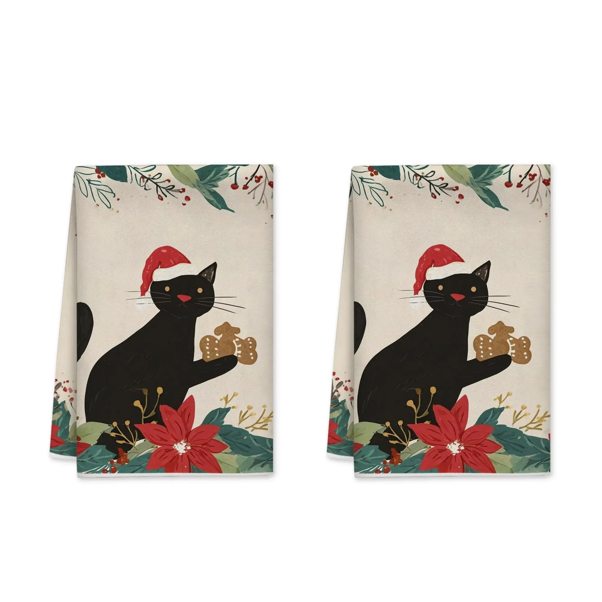 Soft Reusable Cat Kitchen Towels - Christmas Gingerbread, Poinsettia, Black Design - 16x24 in Kitchen Drying Essentials