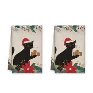 Cat Kitchen Towels, Christmas Fanciful Gingerbread Poinsettia Christmas Black Reusable Dish Towels for Kitchen Drying Essentials 16x24 Inch