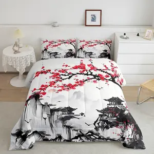 Japanese Style Comforter Set,Hokusai Pattern Comforter,Japanese Ukiyoe Bedding Set,Cherry Blossoms Duvet Set,Bedroom Decor Microfiber Bed Set