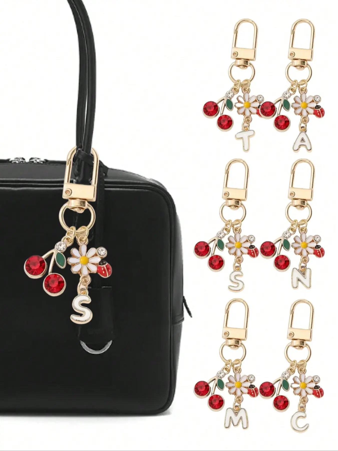 Stylish cherry bag charm, Fashion Bag Charms, flowers, ladybugs - key fashion backpack pendant decoration, alloy pendant keychain, decorative charm for women's wallets bags, Girly Purse Accessories, Stylish Charm, Charms For Purses, Cute Bag Charms