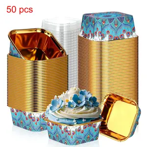 1 Set of Baking Paper Cups, 50 Cups with Lids, Bohemian Style, Coated Paper Square Cupcake Molds, Greaseproof Mini Cake Molds, Party/Picnic Mini Cheesecake Molds, Mother's Day Gift, Aluminum Foil Cake Plate, Bakeware