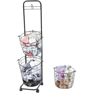 3-Tier Laundry Basket on Wheels, Large Rolling Hamper with Metal Frame, 10.4x13x48.4 Inch Clothing Sorter Organizer for Bathroom Bedroom (Black)