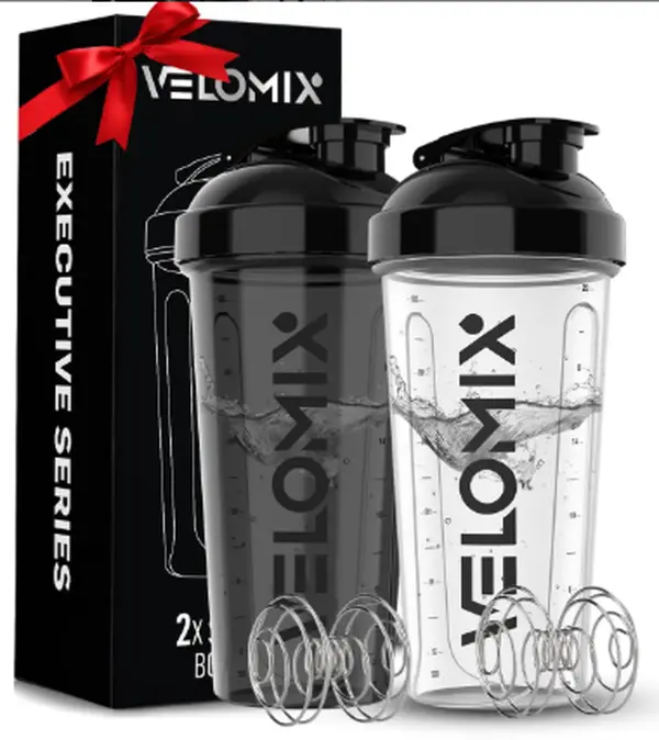 VELOMIX -2 Pack- 28 oz Protein Shaker Bottles for Protein Mixes - 2x Wire Whisk | Leak Proof Shaker Cups for Protein Shakes | Protein Shaker Bottle Pack (Black/Transparent)