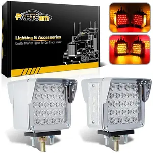 Double Face Square LED Fender Pedestal Lights Amber/Red 52 LED 3 Studs Mount Truck Trailer Stop Tail Turn Signal Lights Chrome Visor Waterproof w/Side Reflex Clearance Lights Clear Lens