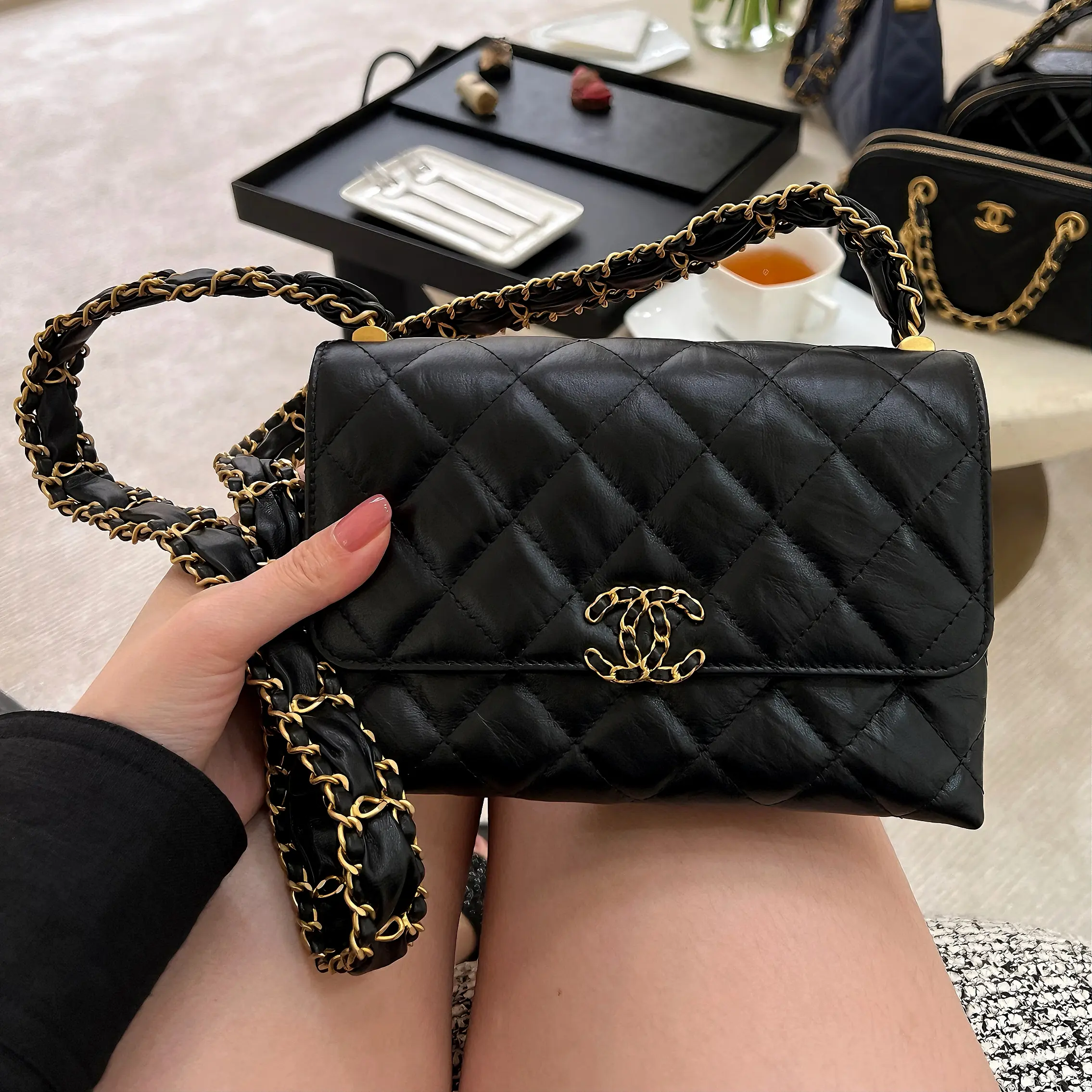 Pre-owned CHANEL 19 Bag WOC, Crinkled Lambskin, Gold Tone Hardware Trim, Braided Chain, Crossbody Bag With Authentic Microchip 9547