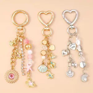 Fashion Summer Beach Shell Starfish Keychain Pearl Crystal Key Ring Pendants for Women Girls Handbag Decor DIY Jewelry Gifts