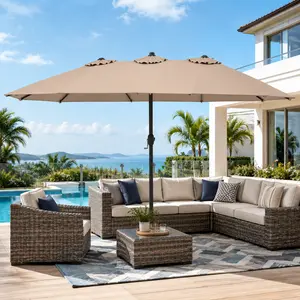 COSTWAY 15FT Double-Sided Patio Umbrella with Base, Extra-Large Market Umbrella W/Crank System, Outdoor Twin Umbrella W/ 12-Rib Metal Structure & Air Vents for Garden, Backyard, Poolside