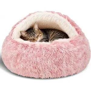 Pet Bed & Hooded Cave Bed - Removable Washable Round Bed for Small & Medium Pets, Non-Slip Faux Fur Plush Bed for Improved Sleep, Bed Built Kennel, Bedding