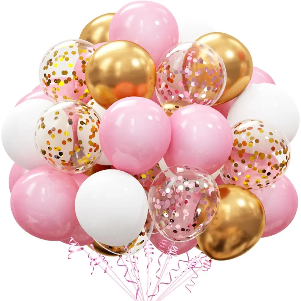 Thick 60-Pc Pink Gold Confetti Latex Balloons Kit - 12-In Pink, White, Gold Helium Balloons, Backdrop & Photo Features, Festive Party Supplies for Wedding, Girl Birthday Decorations