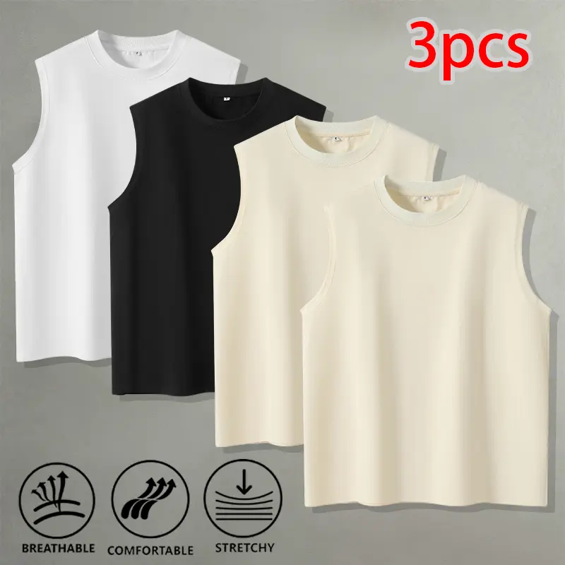 Solid Color Sleeveless Compression Tank Top 3-Piece Set — Wearable as a base layer for indoor wear, outdoor outings, and sports; suitable for layering.