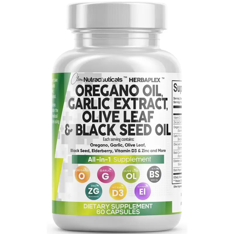 Clean Nutraceuticals Oregano Oil, Garlic Extract, Olive Leaf, Black Seed Oil & More for Women & Men's Digestive Health Supplement Capsules - Herba Plex