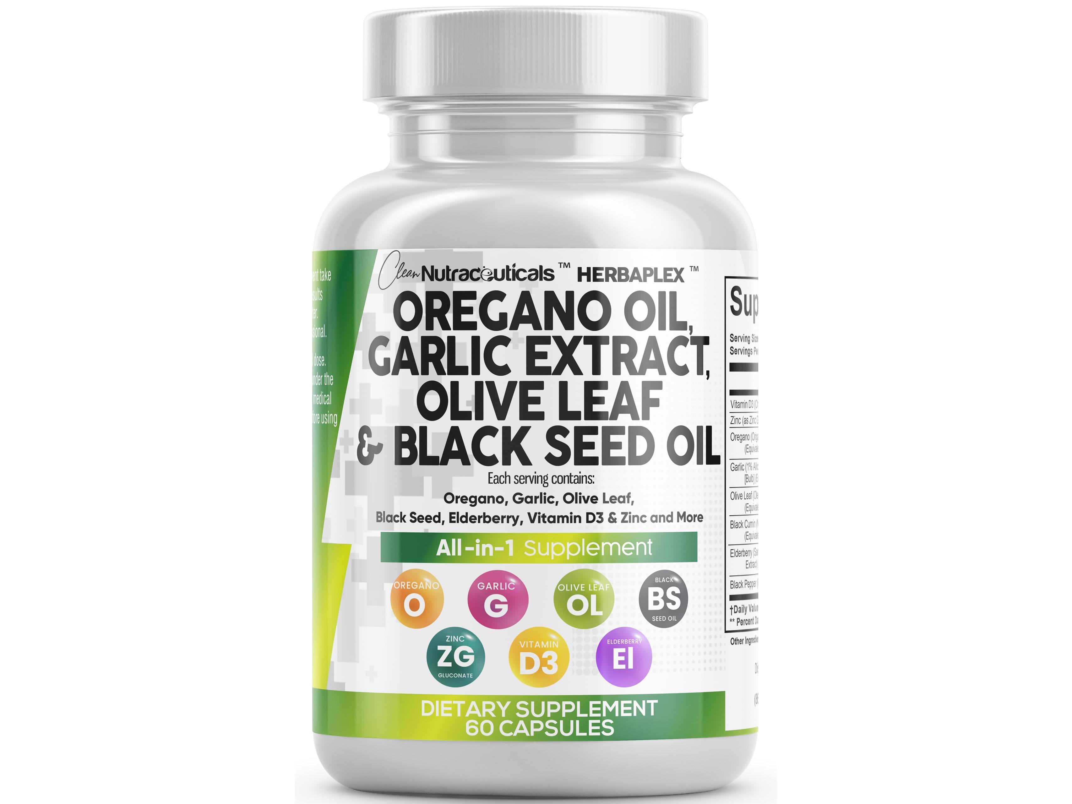 Clean Nutraceuticals Oregano Oil, Garlic Extract, Olive Leaf, Black Seed Oil & More for Women & Men's Digestive Health Supplement Capsules - Herba Plex