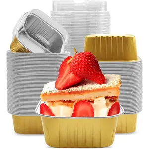 100 Pack 5 OZ Mini Cake Pans with , Disposable  Foil Baking Cups, Mini Square  Foil Muffin Tin Ramekins, Cupcake Molds Containers for Bread, Birthday, Party, Wedding,