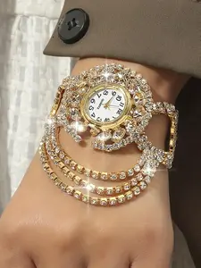 Women's Elegant Rhinestone Decorated Quartz Analog Watch, Exquisite Trendy Layered Wristwatch, Fashionable Design Watch for Women As Anniversary Gift without Box, Jewelry Bracelet Watch