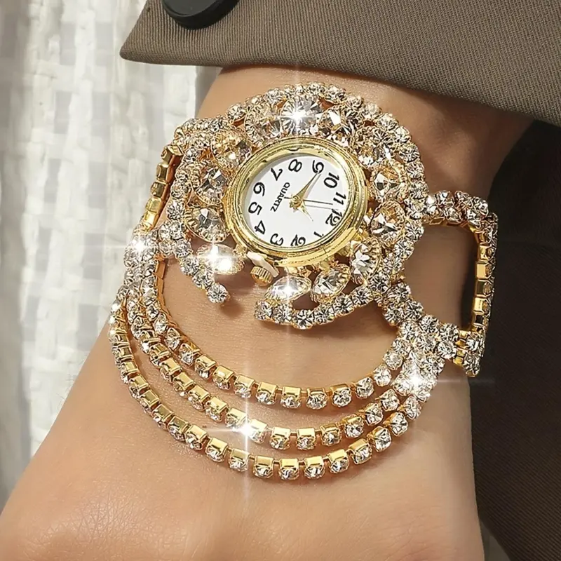 Women's Elegant Rhinestone Decorated Quartz Analog Watch, Exquisite Trendy Layered Wristwatch, Fashionable Design Watch for Women As Anniversary Gift without Box, Jewelry Bracelet Watch, Rhinestone Watches