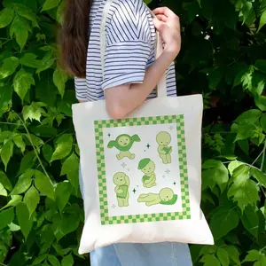 Aesthetic Mystery Green Character Tote Bag, Cute Kawaii Canvas Book Bag Cotton Reusable Grocery Shopper, Homebody Art Style Bag, Japanese Inspired Collectible Gift Idea, Soft Minimal Cute Streetwear Bag